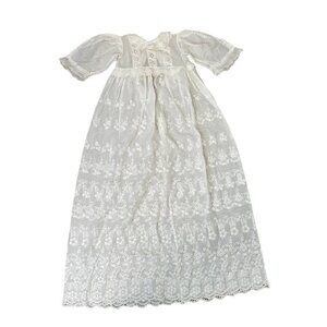 Antique Victorian Elegant Embroidered Eyelet Lace Christening Baby Gown Dress